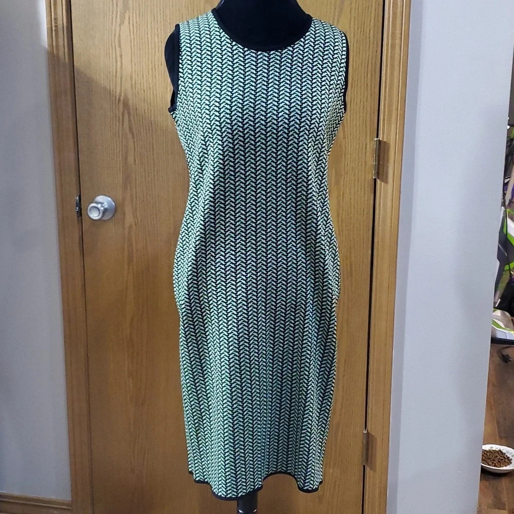 Misook knit green black herringbone pattern sleeveless dress